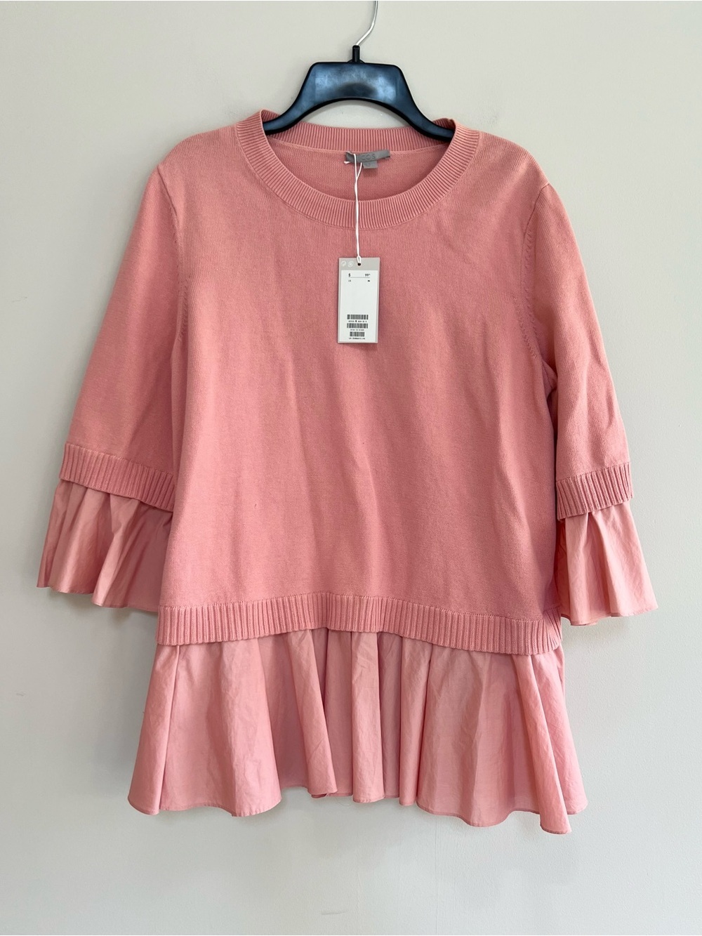 COS NWT Shirt-Detailed Knit Cotton Ruffle Sweater 3/4 Sleeve Top in Pink, size M